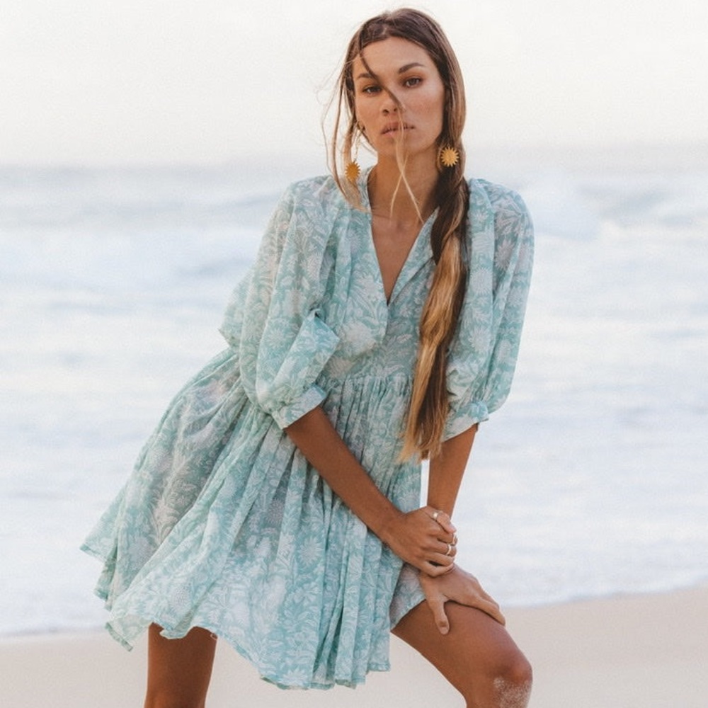 Daughters of India Mint Floral Mini Dress